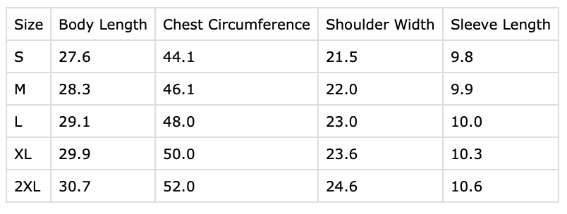 Standard Tee Sizing Chart